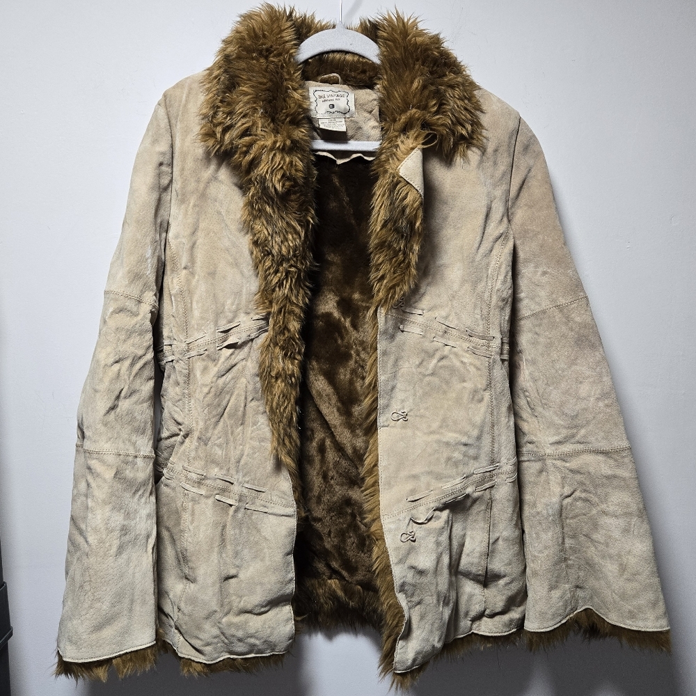 BKE Vintage Leather Coat Faux Fur Trim Size Medium Retro 70s Tan Brown Winter